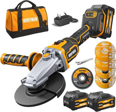 ALLOYMAN 20V Brushless Flat-Head Cordless Angle Grinder Tool, 3-Speed Variable Speed, 4-1/2" & 5" Wheels, Dual 4.0Ah Battery Grinder, Fast Charger, Tool-Free Guard for Cutting, Grinding & Polishing in Kuwait