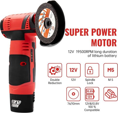 Housiwill Mini Angle Grinder Tool, 19500RPM Cordless Angle Grinder, Cordless Electric Power Angle Grinder Tool with 2pcs Batteries, 76mm Grinder Handheld Cutter for Metal Wood Grinding and Cutting in Kuwait