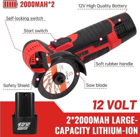 Housiwill Mini Angle Grinder Tool, 19500RPM Cordless Angle Grinder, Cordless Electric Power Angle Grinder Tool with 2pcs Batteries, 76mm Grinder Handheld Cutter for Metal Wood Grinding and Cutting in Kuwait