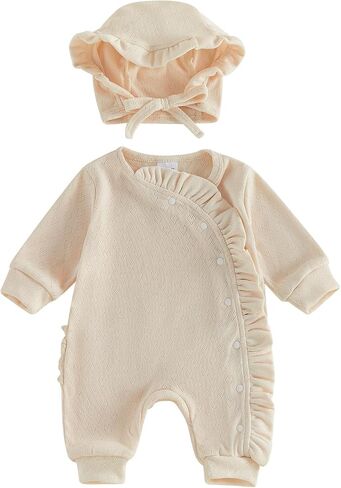 Newborn Girl Coming Home Outfit Wrap Side Sweater Romper Fall Set | Infant Baby Girls Long Sleeve Casual Heart Knit Ruffled Trim Jumpsuit And Hat 2Pcs Sets Autumn Winter Clothes in Kuwait