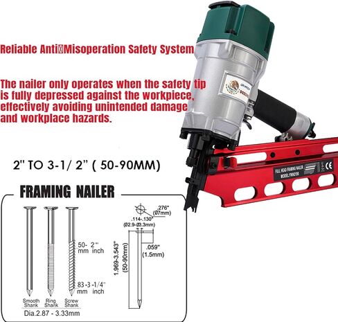 Framing Nailer, Mexican Style 9021NS Framing Nail Gun, 21 Degree 3-1/2" with Depth Adjustment Professional Air Nail Gun in Kuwait