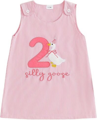 Baby Girl Silly Goose Birthday Outfit One/Two Goose Birthday Dress Sleeveless Striped Tank Dress Summer Clothes in Kuwait