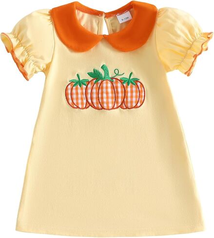 Toddler Baby Girl Halloween Outfit Pumpkin Face Dress Clothes | Halloween Baby Girl Clothes Puff Sleeve Doll Collar Dress Striped Pumpkin Dresses Little Girl Halloween Outfit in Kuwait