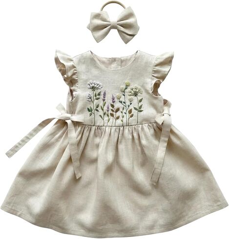 Baby Dress, Hand Embroidered Floral Linen Baby Girl Dresses 12-18 Months, Cottage Core Toddler Girl Dress, Cream Beige in Kuwait
