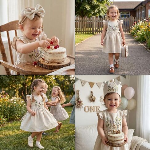 Baby Dress, Hand Embroidered Floral Linen Baby Girl Dresses 12-18 Months, Cottage Core Toddler Girl Dress, Cream Beige in Kuwait