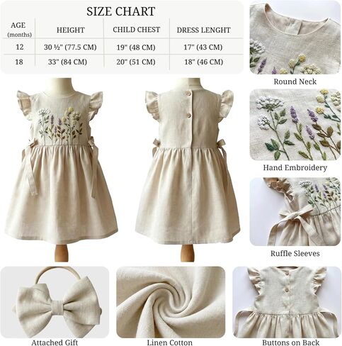 Baby Dress, Hand Embroidered Floral Linen Baby Girl Dresses 12-18 Months, Cottage Core Toddler Girl Dress, Cream Beige in Kuwait