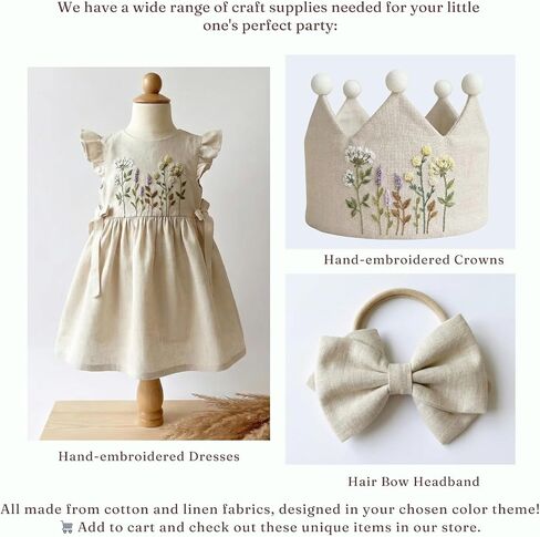 Baby Dress, Hand Embroidered Floral Linen Baby Girl Dresses 12-18 Months, Cottage Core Toddler Girl Dress, Cream Beige in Kuwait