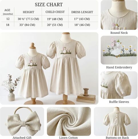 Baby Girl Dress, Hand Embroidered Goose Linen Dress 12-18 Months, One Silly Goose Birthday Outfit Girl, Cream Cottage Core in Kuwait