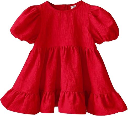 Toddler Girls Puff Short Sleeve Dress Ruffle A Line Dresses for 6M-3Y | Casual Summer, Baby Swing Red Sundress in Kuwait