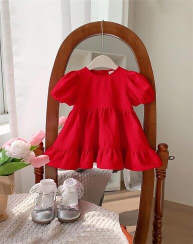 Toddler Girls Puff Short Sleeve Dress Ruffle A Line Dresses for 6M-3Y | Casual Summer, Baby Swing Red Sundress in Kuwait