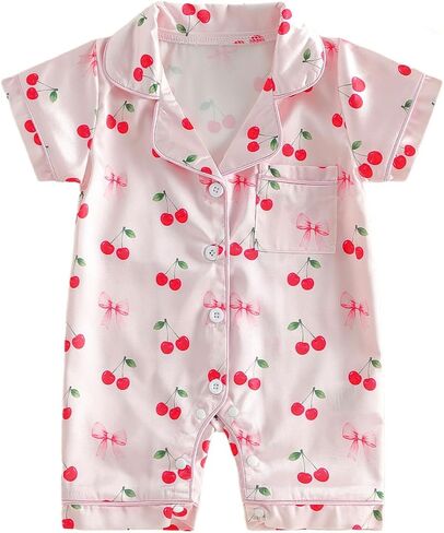 Kuriozud Baby Girl Boy Romper Pajamas Onesie Short Sleeve Button Down Pjs Infant Lapel Sleepwear Nightwear Summer in Kuwait