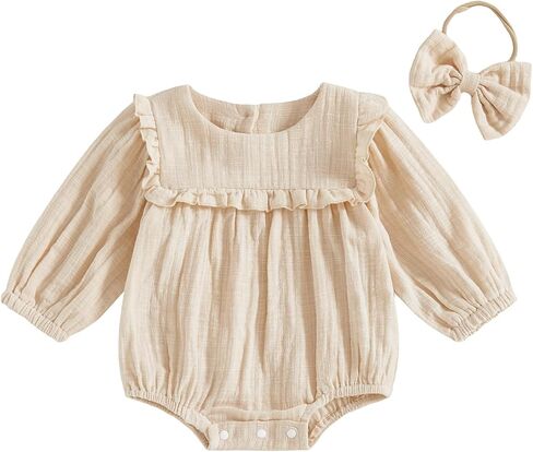 2pcs Infant Baby Girls Romper Dress Headband Long Sleeve Clothing Flowers Newborn Boho Girl Outfit Jumpsuit Clothes in Kuwait