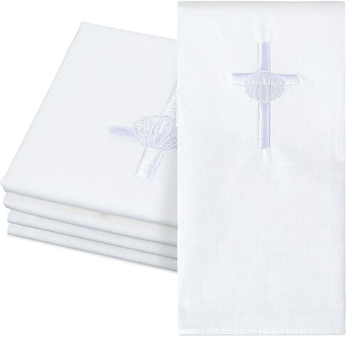 Tudomro 6 Pcs Cross & Shell Baptismal Napkin with Embroidered Christian Baptism Towel Embroidered Baptismal Napkin White Christening Cloth with Cross for Church Home Candidate 12 x 12 Inch (Sliver) in Kuwait