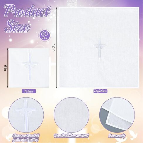 Tudomro 6 Pcs Cross & Shell Baptismal Napkin with Embroidered Christian Baptism Towel Embroidered Baptismal Napkin White Christening Cloth with Cross for Church Home Candidate 12 x 12 Inch (Sliver) in Kuwait