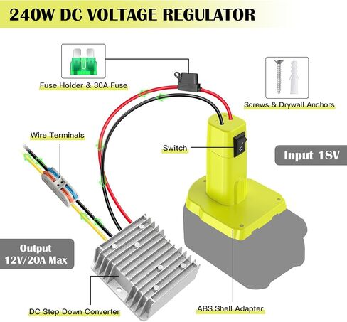 18V to 12V Step Down Converter for Ryobi 18V Battery, 240W DC Voltage Regulator with Over-Discharge Protection, Power Converter Adapter with Switch for Power Wheel Battery Adapter, DIY RC Toy Cars in Kuwait