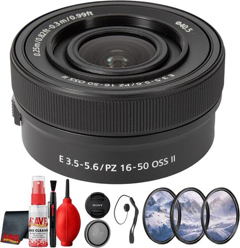 Sony E PZ 16-50mm f/3.5-5.6 OSS II Lens E Black for Walkaround Shooting, Landscapes, Vlogging, Lightweight Setups and Everyday Autofocus (SELP16502) + Lens Filter Kit +More (7pc Bundle) in Kuwait