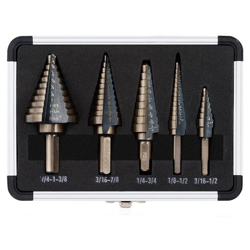 Step Drill Bit Set, 5PCS Four Spiral Flute Step Bits for Metal, 50 Sizes Titanium-Coated HSS Drill Bits with 1/4" Hex Shank for Stainless Steel Aluminum Wood Plastic in Kuwait