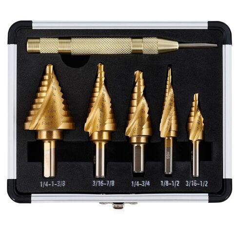 Step Drill Bit Set, 5PCS Four Spiral Flute Step Bits for Metal, 50 Sizes Titanium-Coated HSS Drill Bits with 1/4" Hex Shank for Stainless Steel Aluminum Wood Plastic in Saudi Arabia