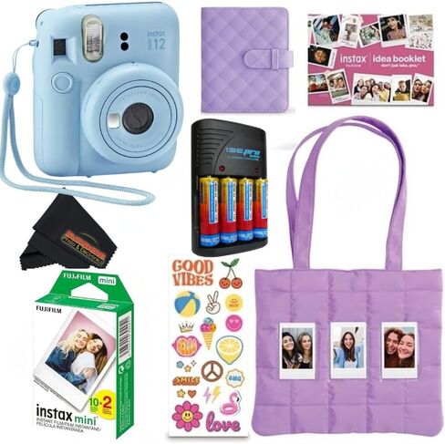 FUJIFILM INSTAX Mini 12 Holiday Bundle 2025 | with Extra Instax Mini Film + 4 Pk AA Batteries & Sunshine Photo Microfiber Cleaning Cloth (10 Items) (40 Sheets, Pastel Blue) in Kuwait