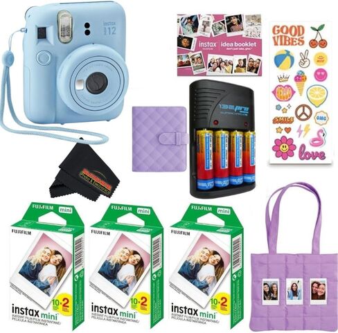 FUJIFILM INSTAX Mini 12 Holiday Bundle 2025 | with Extra Instax Mini Film + 4 Pk AA Batteries & Sunshine Photo Microfiber Cleaning Cloth (10 Items) (20 Sheets, Pastel Blue) in Kuwait