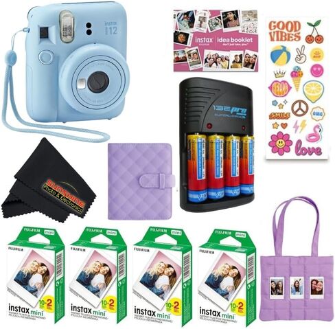 FUJIFILM INSTAX Mini 12 Holiday Bundle 2025 | with Extra Instax Mini Film + 4 Pk AA Batteries & Sunshine Photo Microfiber Cleaning Cloth (10 Items) (20 Sheets, Pastel Blue) in Kuwait