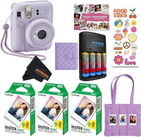 FUJIFILM INSTAX Mini 12 Holiday Bundle 2025 | with Extra Instax Mini Film + 4 Pk AA Batteries & Sunshine Photo Microfiber Cleaning Cloth (10 Items) (20 Sheets, Pastel Blue) in Kuwait
