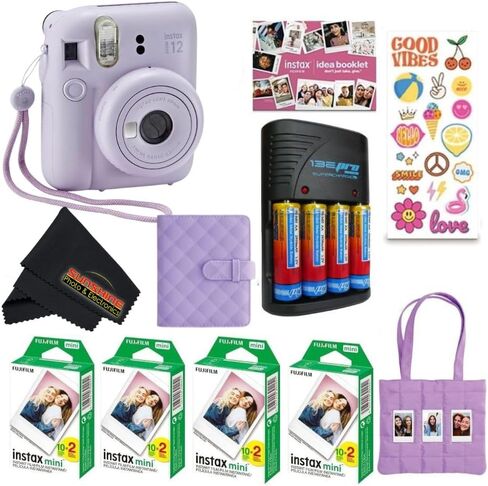 FUJIFILM INSTAX Mini 12 Holiday Bundle 2025 | with Extra Instax Mini Film + 4 Pk AA Batteries & Sunshine Photo Microfiber Cleaning Cloth (10 Items) (20 Sheets, Pastel Blue) in Kuwait