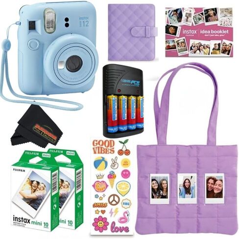 FUJIFILM INSTAX Mini 12 Holiday Bundle 2025 | with Extra Instax Mini Film + 4 Pk AA Batteries & Sunshine Photo Microfiber Cleaning Cloth (10 Items) (20 Sheets, Pastel Blue) in Kuwait