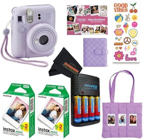 FUJIFILM INSTAX Mini 12 Holiday Bundle 2025 | with Extra Instax Mini Film + 4 Pk AA Batteries & Sunshine Photo Microfiber Cleaning Cloth (10 Items) (20 Sheets, Pastel Blue) in Kuwait