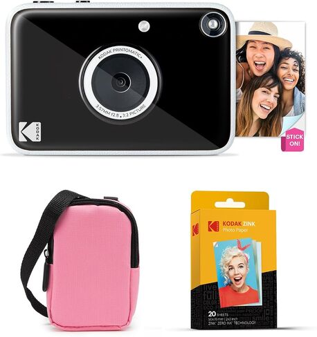 Kodak Printomatic+ Instant Print Digital Camera Starter Bundle + Carrying Case (Pink) + Zink 20pk Sticky-Back Photo Paper - 10MP, Full-Color Photos, GB LED Status Indicator - Blue in Kuwait