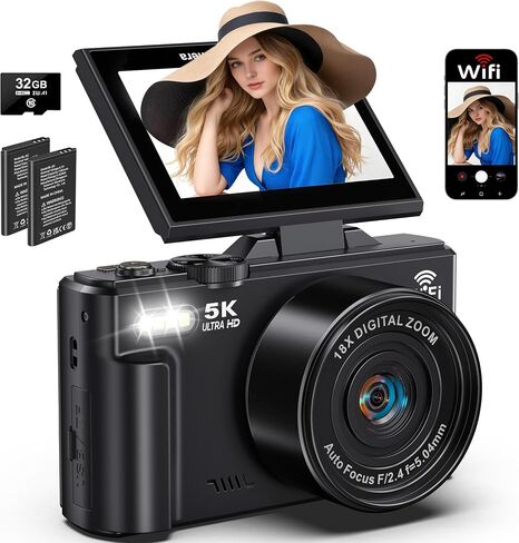 5K Digital Camera for Photography, 75MP WiFi Vlogging Camera for YouTube with 3" 180° Flip Screen, 18X Zoom UHD Autofocus Video Camara with 32GB SD Card, 2 Batteries in Kuwait