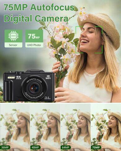 5K Digital Camera for Photography, 75MP WiFi Vlogging Camera for YouTube with 3" 180° Flip Screen, 18X Zoom UHD Autofocus Video Camara with 32GB SD Card, 2 Batteries in Kuwait