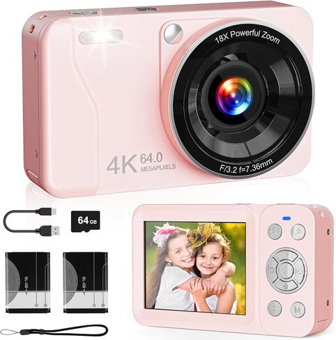 4K 64MP Digital Camera Point and Shoot, 18X Zoom, Pink | Rechargeable Compact Camera with 64GB SD Card & 2 Batteries, Great Gift for Kids Teens Adults in Kuwait