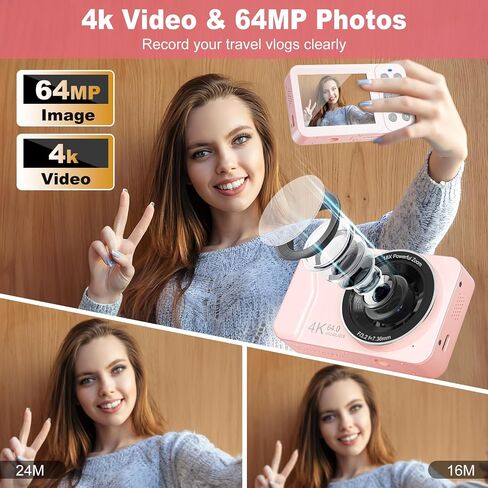 4K 64MP Digital Camera Point and Shoot, 18X Zoom, Pink | Rechargeable Compact Camera with 64GB SD Card & 2 Batteries, Great Gift for Kids Teens Adults in Kuwait