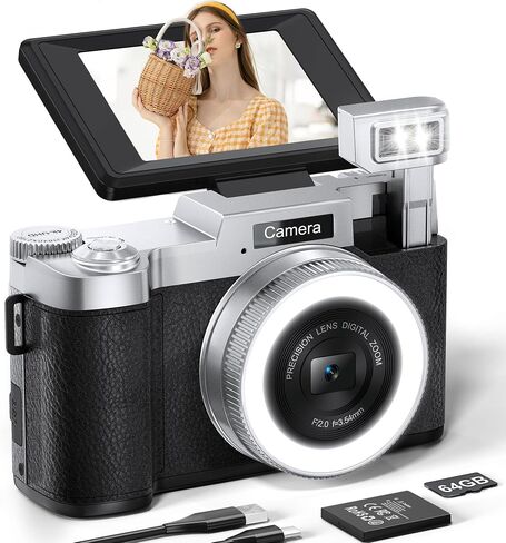 FLATIC Digital Camera, 4K 64MP Cameras for Photography with 64GB Card, 18X Zoom Autofoucs Vlogging Camera for YouTube with 180° Flip Screen, Compact Vlog Travel Camera Kit for Beginner, Teens in Kuwait