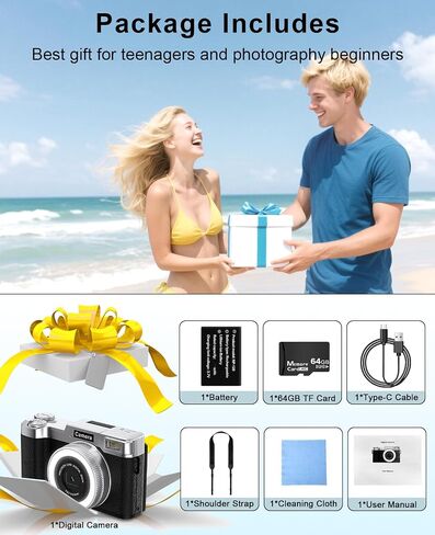 FLATIC Digital Camera, 4K 64MP Cameras for Photography with 64GB Card, 18X Zoom Autofoucs Vlogging Camera for YouTube with 180° Flip Screen, Compact Vlog Travel Camera Kit for Beginner, Teens in Kuwait