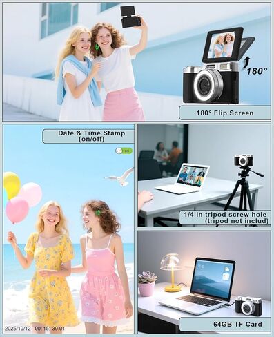 FLATIC Digital Camera, 4K 64MP Cameras for Photography with 64GB Card, 18X Zoom Autofoucs Vlogging Camera for YouTube with 180° Flip Screen, Compact Vlog Travel Camera Kit for Beginner, Teens in Kuwait