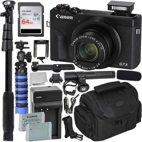 SSE Canon PowerShot G7 X Mark III Digital Camera (Black) Complete YouTube Vlogging Bundle with Mic, 64GB Memory Card, Extra Battery, Charger, Tripod & Travel Case (Renewed) in Kuwait