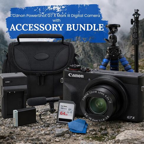 SSE Canon PowerShot G7 X Mark III Digital Camera (Black) Complete YouTube Vlogging Bundle with Mic, 64GB Memory Card, Extra Battery, Charger, Tripod & Travel Case (Renewed) in Kuwait