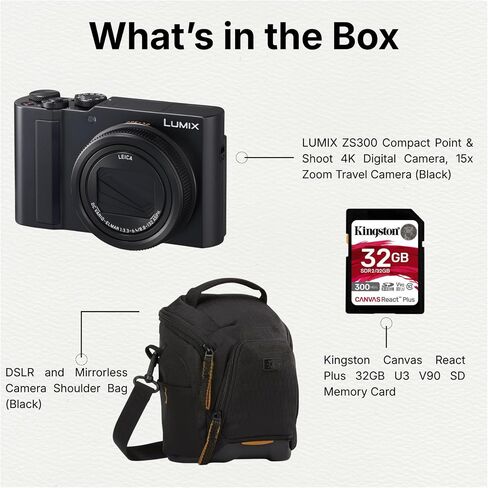 Panasonic Lumix ZS300 1 Inch 4K Compact Camera Bundle (Black, 3 Items) | 20.1MP 1.0-Type Bsi CMOS, Leica 15x Lens, 4K Video/4k Photo, Includes Kingston 32GB U3 V90 SD Card and Shoulder Bag in Kuwait