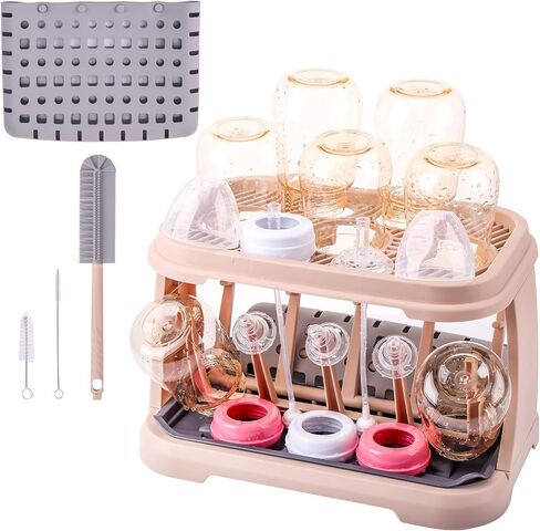 Baby Bottle Drying Rack with Brush & Dishwasher Basket - Space Saving Standing Drying Rack for Baby Bottles, Pump Parts & Accessories, Compact Organizer Holds Up to 8 Bottles (Pink Lotus Root) in Kuwait