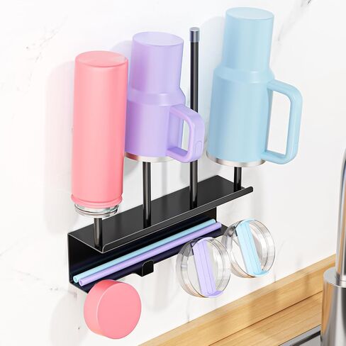 Wall Mounted Water Bottle Drying Rack with Lid & Straw Organizer, Metal Tumbler and Cup Dryer Stand, Space-Saving Drying and Storage Rack for Tumbler, Bottles, Baby Bottle & Glass (Black) in Kuwait