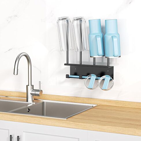 Wall Mounted Water Bottle Drying Rack with Lid & Straw Organizer, Metal Tumbler and Cup Dryer Stand, Space-Saving Drying and Storage Rack for Tumbler, Bottles, Baby Bottle & Glass (Black) in Kuwait