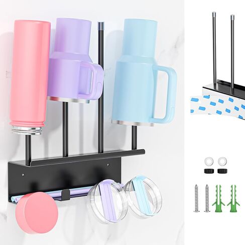 Wall Mounted Water Bottle Drying Rack with Lid & Straw Organizer, Metal Tumbler and Cup Dryer Stand, Space-Saving Drying and Storage Rack for Tumbler, Bottles, Baby Bottle & Glass (Black) in Kuwait