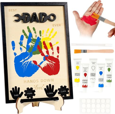 Fathers Day Gift from Kids, Best Dad Ever Hands Down Family Handprint Kit with 5 Non-Toxic Paint, DIY Handprint Craft, Family Keepsake Wooden Frame with Kids Names for Dad Daddy, Grandpa in Kuwait