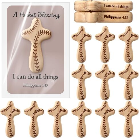 Gerrii 12 Pcs a Pocket Blessing Baseball Cross Edition Wooden Cross with Gift Card, Christian Faith Gift for Athletes First Communion in Kuwait