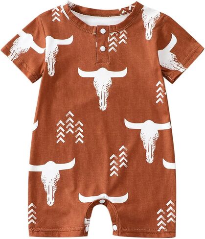 Baby Boy Girl Western Clothes Romper Short Sleeve Bodysuit Cow Print Jumpsuit Playsuit Ribbed Jumpsuit Summer Outfit in Kuwait