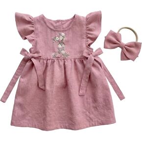 First Birthday Outfit Baby Girl, Embroidery Baby 1st Birthday Dress, Linen Cotton Dress, One Year Old Girl Gift in Kuwait