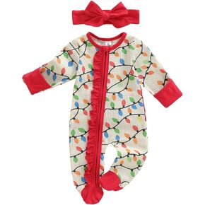Newborn Baby Girl Christmas Outfit My First Xmas Jumpsuit Romper | 0-18 Months My First Christmas Baby Girl Outfit Newborn Footed Romper with Bow Candy Cane Print Infant Jumpsuit with Headband in Kuwait