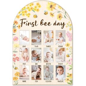 First Bee Day My First Year Photo Board Frame - Newborn 12 Months Milestone Wooden Photo Board, 1st Birthday Decorations, Bee Baby Keepsake Gift Supply (Fit 2x3in Pic) -12 in Kuwait